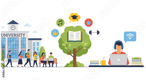 Higher Education and Student Life Balance. Vector illustration of university students, digital learning, and personal growth icons near campus building.