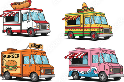 Colorful street food truck collection featuring hotdog, taco, burger and ice cream style mobile food vans isolated on light background fast food concept