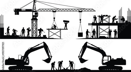 Construction site silhouettes with workers, tower crane and excavators building infrastructure isolated on light background industrial engineering, heavy equipment and teamwork concept