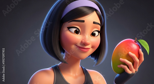 Sporty Asian woman with short bob haircut and headband, wearing modern gym clothes, smiling while holding a sleeve.