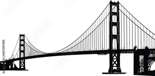 Detailed black silhouette of the Golden Gate Bridge in San Francisco isolated on a white background for travel design.