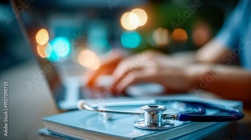 Stethoscope on medical books beside a laptop, healthcare education and telemedicine concept with clinical research workspace