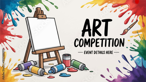 Colorful art competition poster with blank canvas and paint supplies on an easel