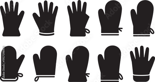 Ten black gloves and mittens in various styles arranged in two rows handwear winter