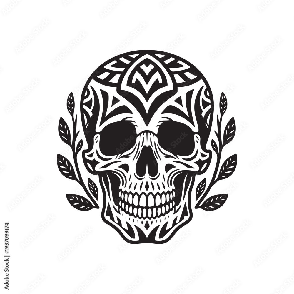 Obraz premium Intricate Ornate Sugar Skull Graphic with Laurel Wreath Frame Black and White. 