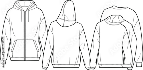 Three Different Styles of Hooded Jackets Shown in Line Format with Front, Back, and Side Views line front view