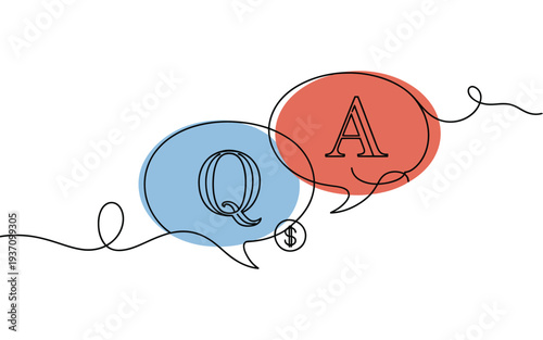 Question and answer line icon, Q and A letters in outlined FAQ style, thin black line with solid blue and yellow speech bubble, vector illustration