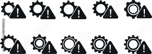 Gear Settings Warning Icon Set with Alert Triangle Symbols for System Error, Maintenance Notification, Engineering Service, Technology Troubleshooting, and Industrial Safety Interface Design