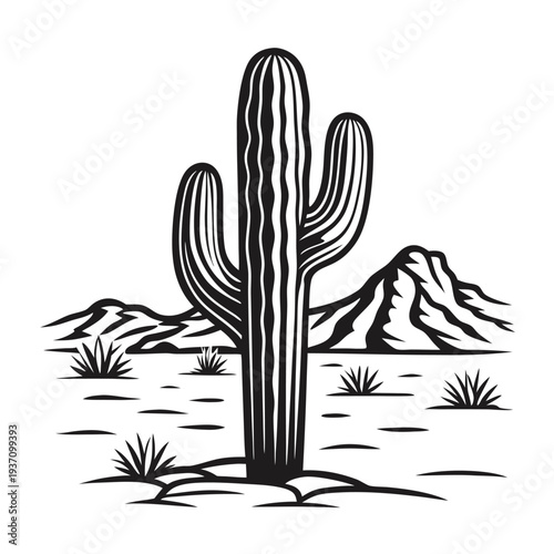  Black and white outline shows saguaro cactus standing tall in a desert landscape