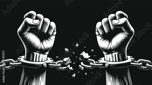 Powerful woodcut illustration of clenched fists breaking metal handcuffs and iron chains for freedom liberation social justice civil rights and overcoming adversity concept