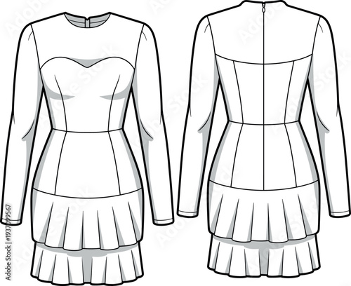 Technical fashion flat sketch of a women’s long sleeve mini dress featuring a sweetheart neckline, fitted bodice, and tiered ruffled hemline panel.