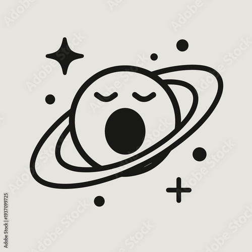 Cartoon Saturn planet yawning in space with stars and circles