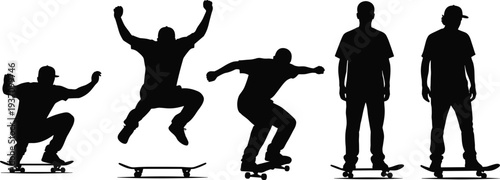 Skateboarder silhouettes collection showing skateboard tricks, jumps and riding poses isolated on light background extreme sport action and urban street skating concept