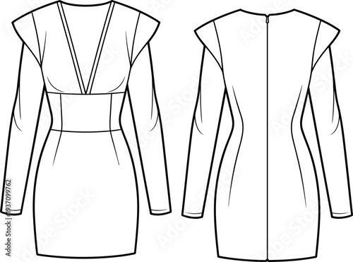 Technical fashion flat sketch of a women's long sleeve mini dress featuring dramatic padded shoulders, a deep V-neckline, and fitted waist.