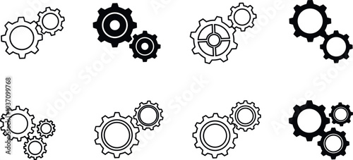 Gear Cogwheel Settings Icon Set with Mechanical Engineering and Configuration Symbols for Technology, Industry Automation, System Setup, and Maintenance Design