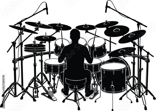 Detailed silhouette of a musician playing a professional drum set with multiple cymbals and microphones in a recording studio.