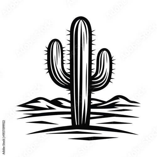 Striking Saguaro rises prominently in monochrome desert landscape with mountains and sparse shrubbery surrounding it
