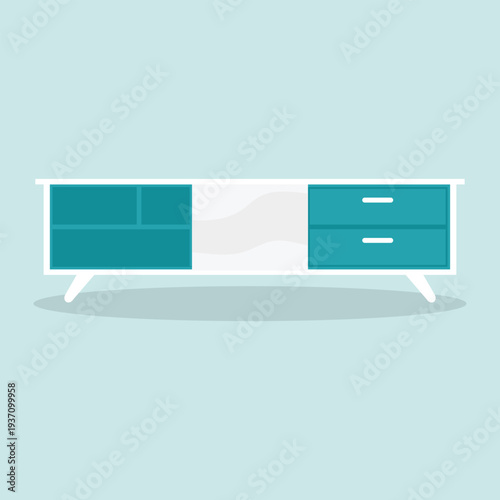 Modern cabinet illustration with teal drawers and white legs on a light background from a front viewpoint