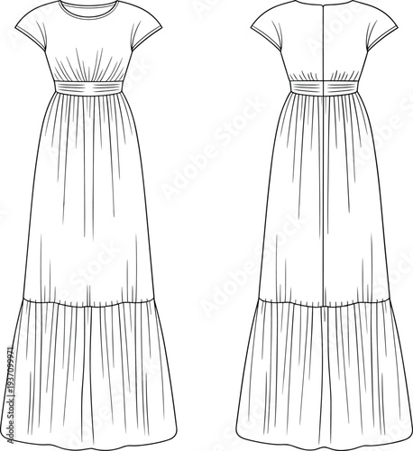 MobileTechnical fashion flat sketch of a women's maxi dress with cap sleeves gathered waist and tiered skirt for apparel tech pack design
