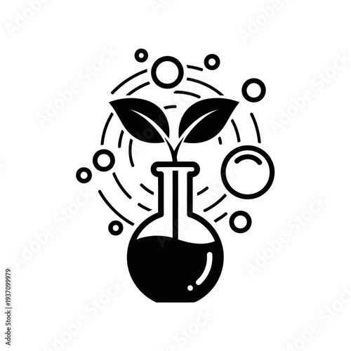Science illustration plant growing in laboratory flask with abstract elements