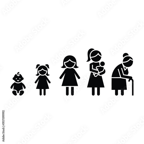 Stages of Life: Baby, Child, Teen, Mother, Elderly Woman - Human Life Cycle & Aging Process Illustration in Black and White