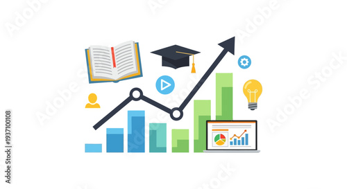 Educational Growth and E-Learning Success Data Analysis. Upward trend chart with Graduation Cap, Book, and Digital Progress Metrics.