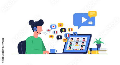Online Language Learning Class via Video Call. Global Instructor Teaching Multilingual Students in Virtual Webinar. E-learning and Translation Concept.