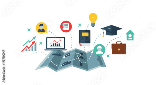 Business Strategy Roadmap Concept. Career Path Planning, Education, Financial Growth, and Future Goal Setting Flat Vector Illustration.