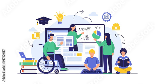 Accessible E-learning Platform and Inclusive Online Education. Diverse Students, including Disabled Learner, participating in Virtual Classroom and Distance Learning.