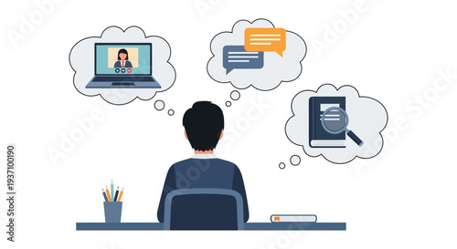 Hybrid Learning and Remote Work Choices: Man Thinking about Online Video Conference, Chat Communication, and Book Research.