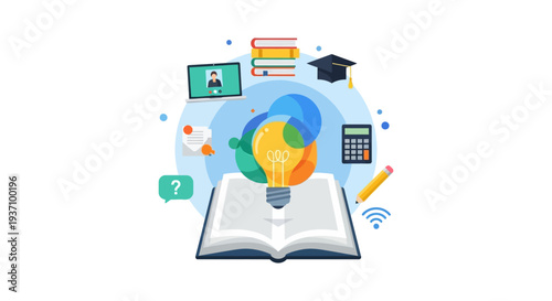Idea Generation and E-learning Concept. Open book with lightbulb, books, laptop, and calculator symbolizing digital education and knowledge acquisition.