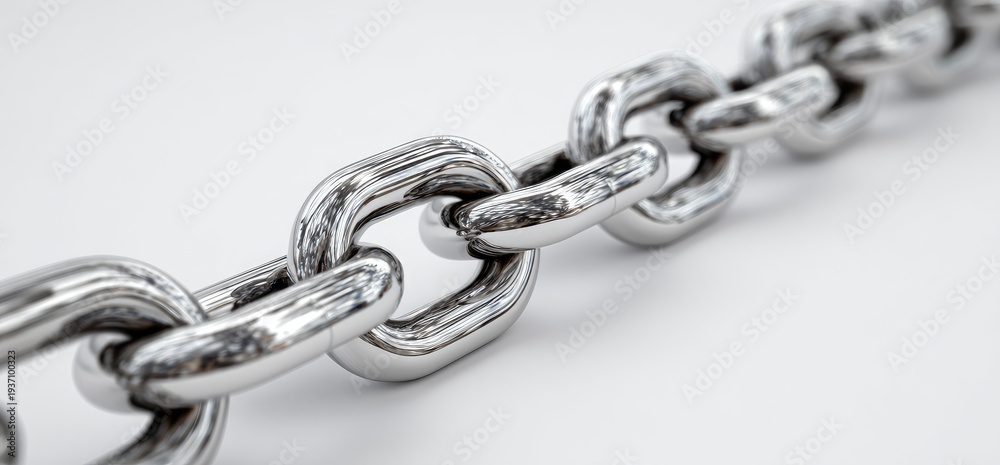 Fototapeta premium Close-up of a metal chain with polished links, resting on a white surface, creating a diagonal line