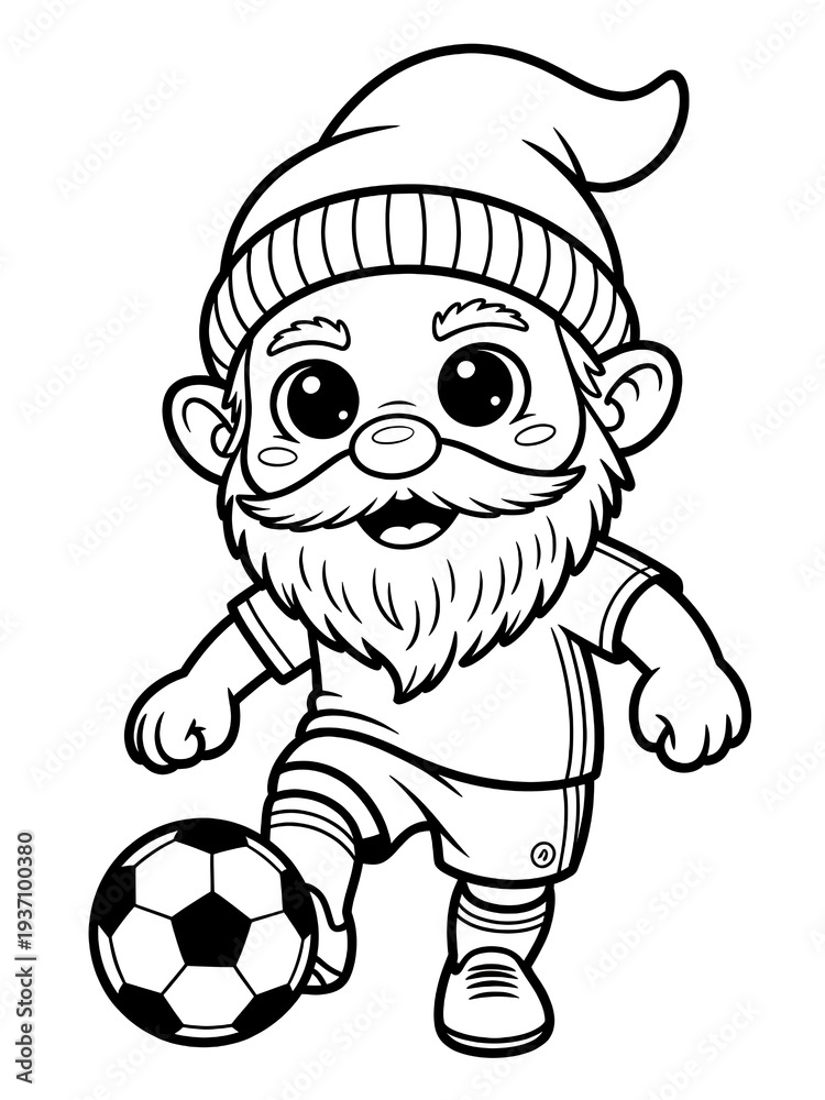 Obraz premium Playful Whimsical Soccer Gnome Cartoon Character in Hat: Kid-friendly Coloring Page Featuring Bearded Athlete in Fun Sports Illustration