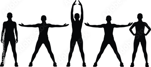 Five black silhouette figures of people performing jumping jacks and arm raises human