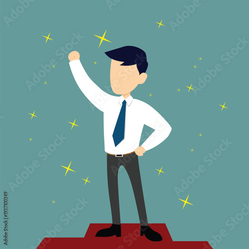 Man standing on red platform with one hand raised in triumph surrounded by stars