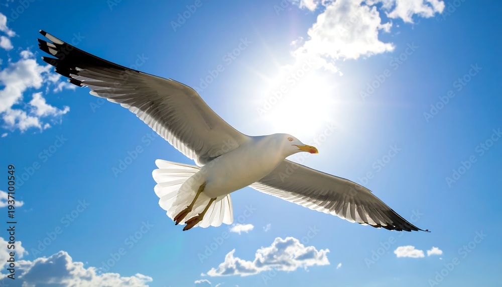 Obraz premium A seagull soars through a sunny sky with fluffy clouds. Wings spread wide, it flies against the bright light
