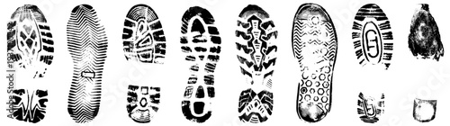 Shoe sole imprint. Footprints boot human shoes. Vector set silhouette. Traces of boot