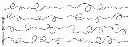 Minimal black wavy squiggle cable line horizontal set. Hand drawn continuous curve, swirl, tangle doodles. 