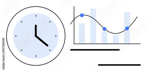 Clock with black hands next to a line graph and bar chart, symbolizing time, analytics, productivity, and analysis. Ideal for time management, workflow, efficiency, project planning data tracking