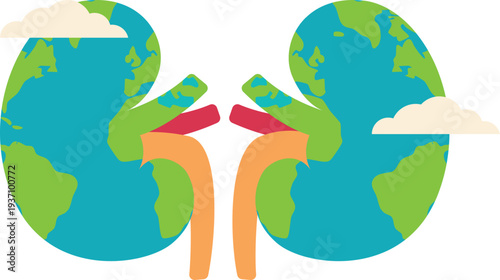 World kidney day illustration. Earth, kidney, heart cute character for kidney day awarness. Vector isolated
