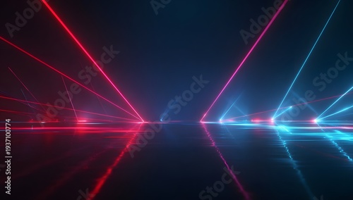Abstract futuristic background with red and blue neon light beams on dark reflective surface, bright lines creating geometric shapes and symmetry in digital landscape