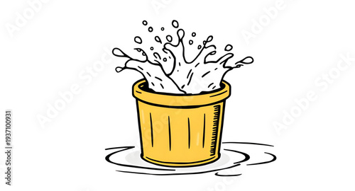 bucket, water, splash, overflow, spill, liquid, drop, droplets, wave, aqua, blue, clean, fresh, washing, wash, pail, container, handle, cartoon, cute, funny, playful, icon, symbol, vector, illustratio