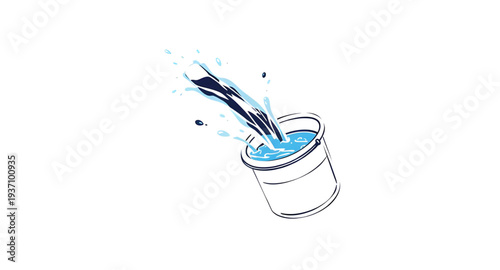 bucket, water, splash, overflow, spill, liquid, drop, droplets, wave, aqua, blue, clean, fresh, washing, wash, pail, container, handle, cartoon, cute, funny, playful, icon, symbol, vector, illustratio