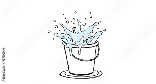 bucket, water, splash, overflow, spill, liquid, drop, droplets, wave, aqua, blue, clean, fresh, washing, wash, pail, container, handle, cartoon, cute, funny, playful, icon, symbol, vector, illustratio