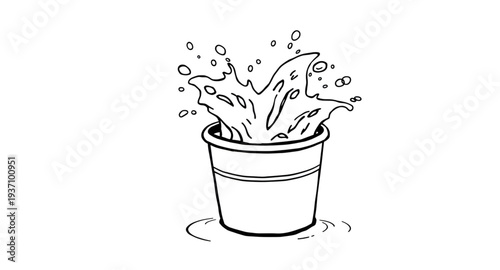 bucket, water, splash, overflow, spill, liquid, drop, droplets, wave, aqua, blue, clean, fresh, washing, wash, pail, container, handle, cartoon, cute, funny, playful, icon, symbol, vector, illustratio