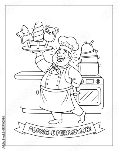 Coloring book page with a happy chef holding a tray of decorated popsicles