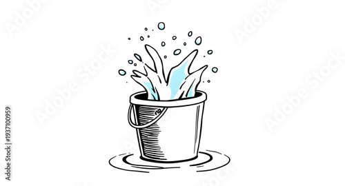bucket, water, splash, overflow, spill, liquid, drop, droplets, wave, aqua, blue, clean, fresh, washing, wash, pail, container, handle, cartoon, cute, funny, playful, icon, symbol, vector, illustratio