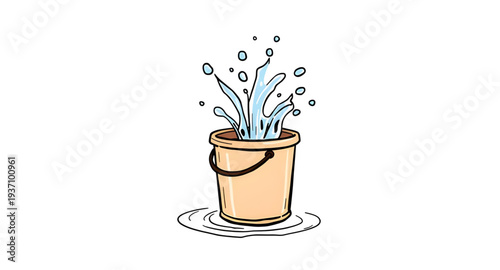bucket, water, splash, overflow, spill, liquid, drop, droplets, wave, aqua, blue, clean, fresh, washing, wash, pail, container, handle, cartoon, cute, funny, playful, icon, symbol, vector, illustratio