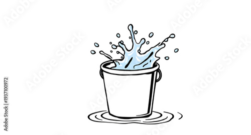 bucket, water, splash, overflow, spill, liquid, drop, droplets, wave, aqua, blue, clean, fresh, washing, wash, pail, container, handle, cartoon, cute, funny, playful, icon, symbol, vector, illustratio