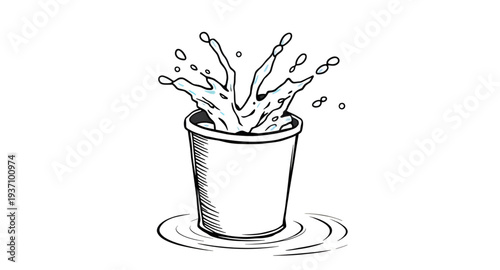 bucket, water, splash, overflow, spill, liquid, drop, droplets, wave, aqua, blue, clean, fresh, washing, wash, pail, container, handle, cartoon, cute, funny, playful, icon, symbol, vector, illustratio
